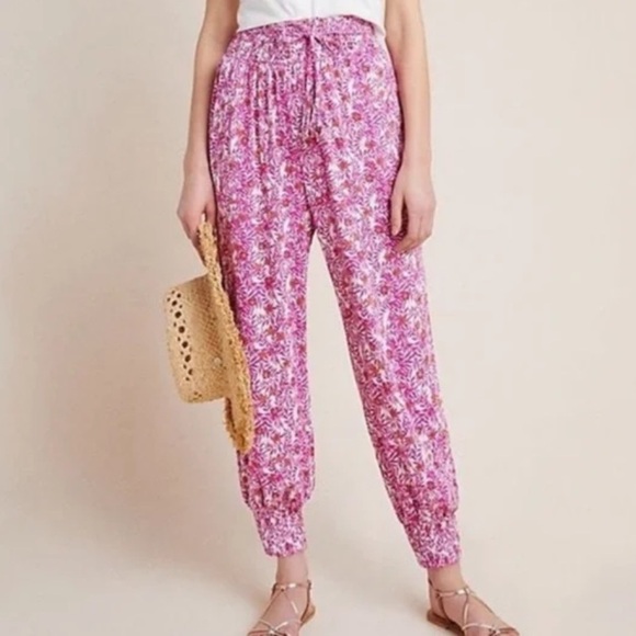 Anthropologie Pants - Anthropologie Pants Boho Pink Abstract Floral Smocked Ankle medium